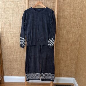 Barefoot Dreams Cozy Grey Crewneck Sweater and Pants With White Stripes